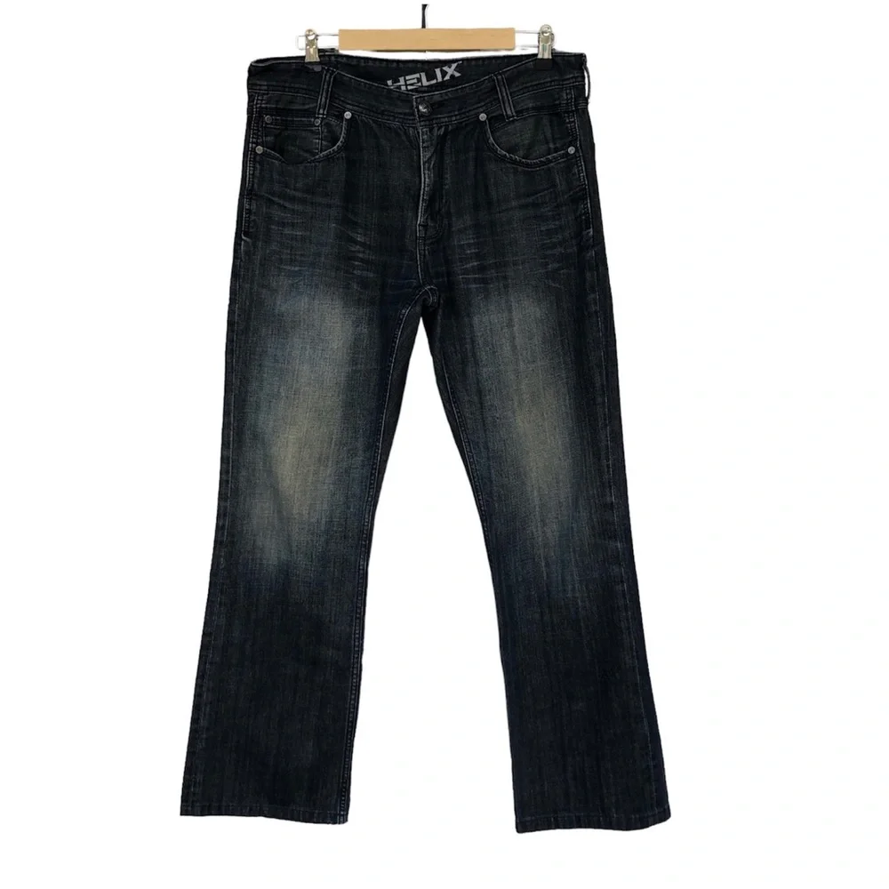 Helix Cotton Slim Boot Cross Back Pockets Dark Faded Blue Mens Biker Jeans 34X32